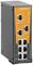 Commutateur Ethernet industriel Fast/Gigabit avec plusieurs ports Ethernet, voyants d'état et un panneau de commande orange.