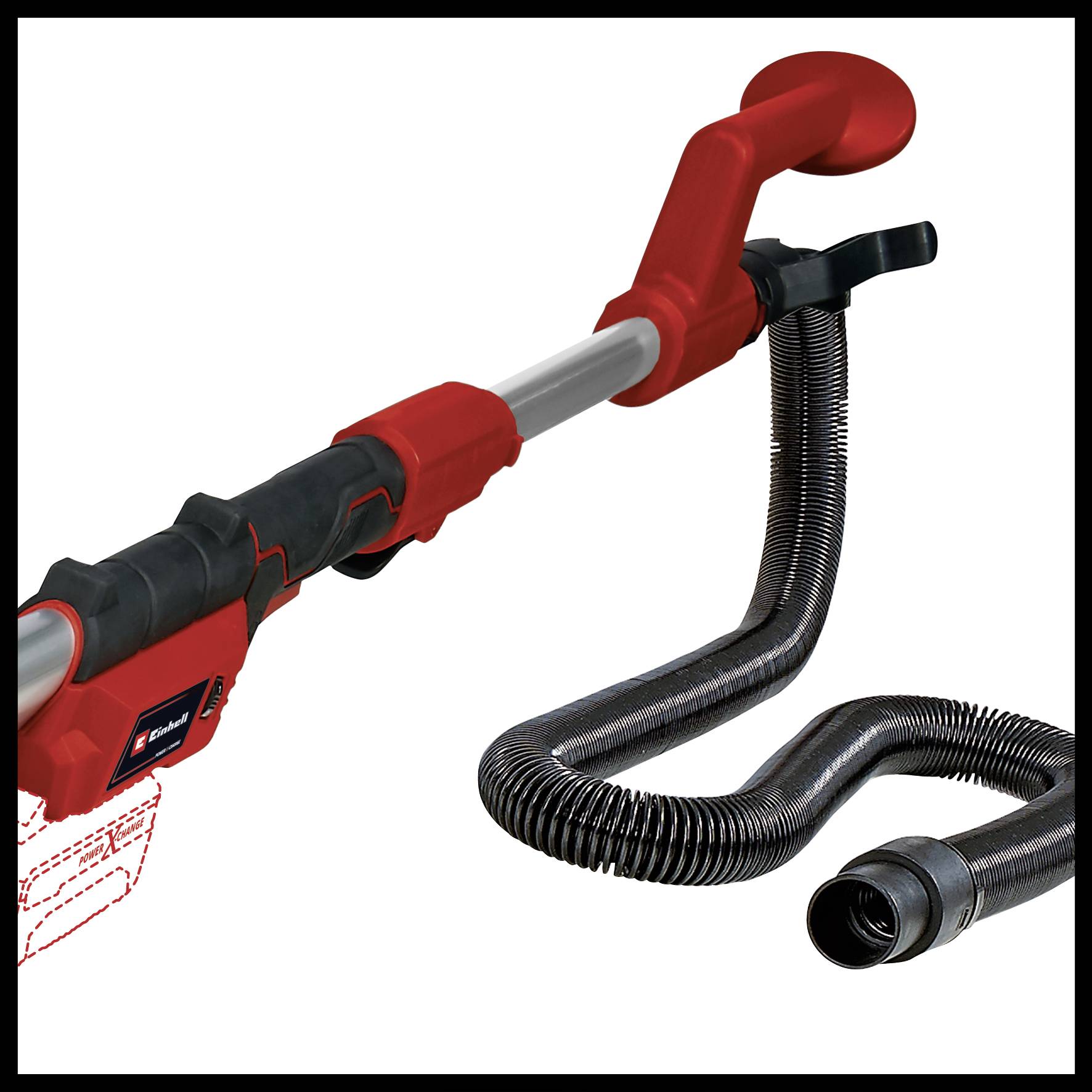 Un tuyau d'aspirateur rouge et noir avec un tube flexible et une poignée ergonomique pour faciliter le nettoyage.