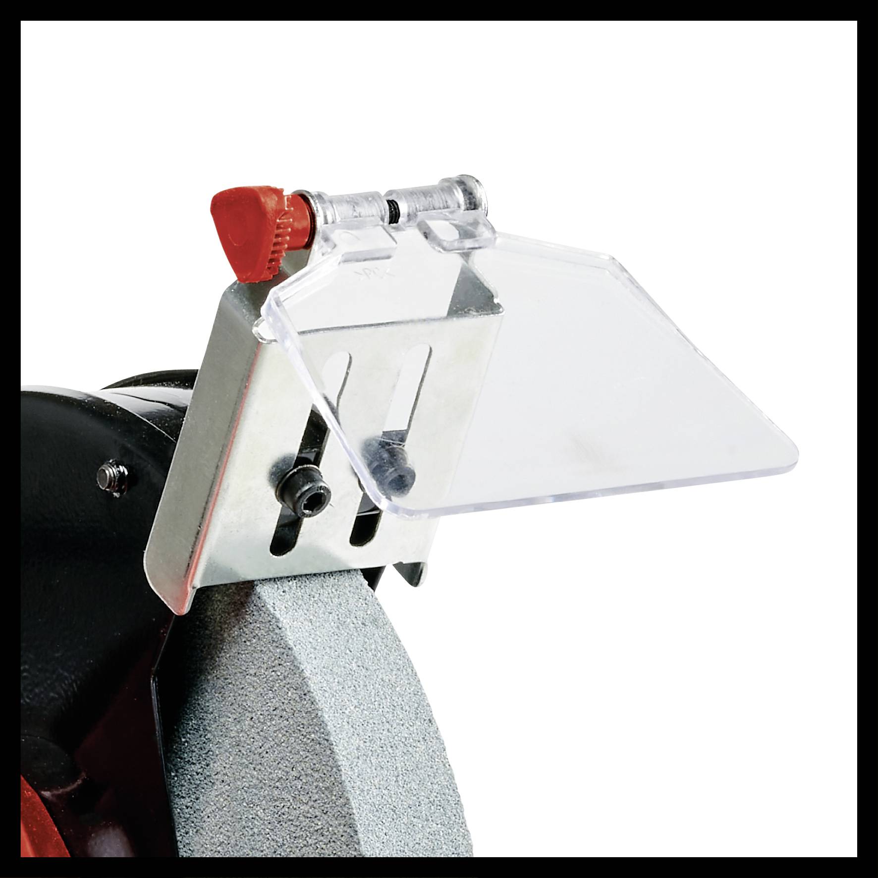 Un établi de meulage avec un capot de protection transparent et un bouton de réglage. Adapté pour les travaux de meulage.