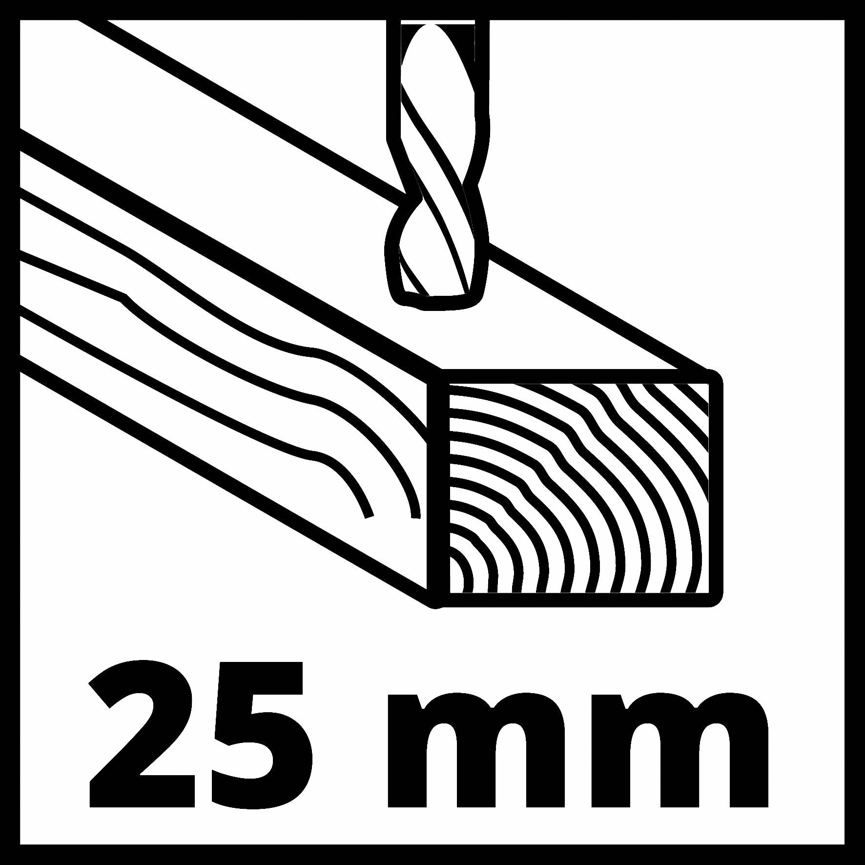 '25 mm' - L'illustration montre un foret en train de percer un trou de 25 mm de profondeur dans un morceau de bois.