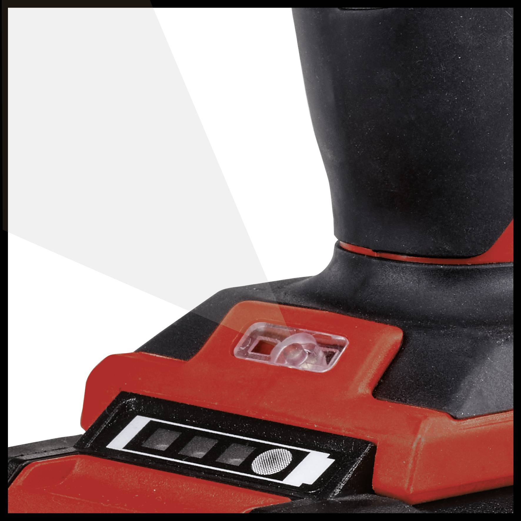 Gros plan d'un outil électrique noir et rouge avec des éléments de commande clairs et un bouton lumineux, faisant partie d'une perceuse ou d'un tournevis.