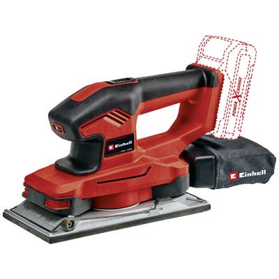 Ponceuse vibrante électrique rouge d'Einhell avec sac à poussière amovible et emplacement suggéré pour batterie.