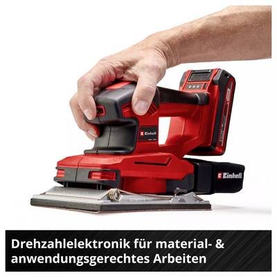 Meuleuse sans fil Einhell avec électronique de rotation dans un design rouge, tenue d'une seule main. Texte : 'Électronique de vitesse pour un travail adapté aux matériaux et aux applications'.