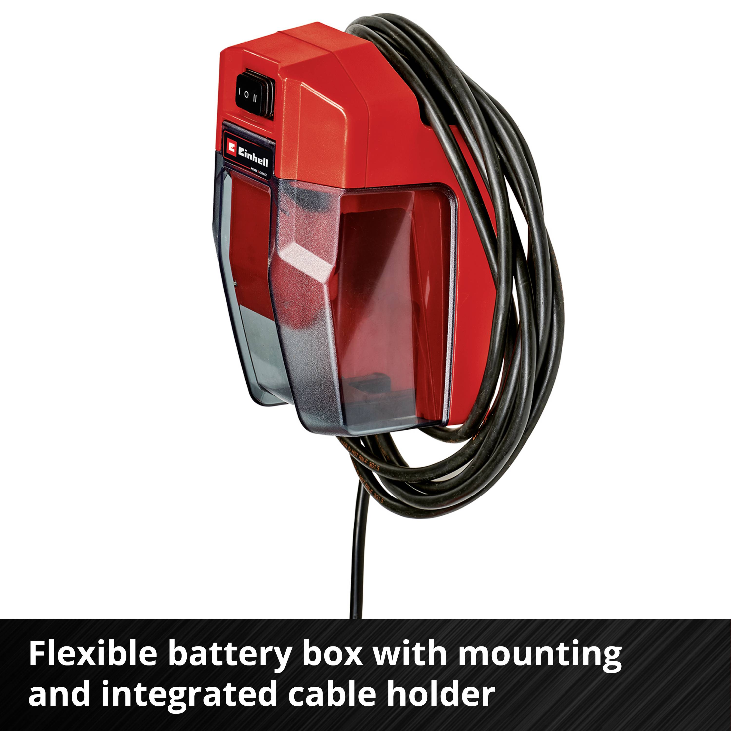 Boîte de batterie flexible avec suspension et support de câble intégré, design rouge. Logo de marque visible, adaptée pour l'atelier.
