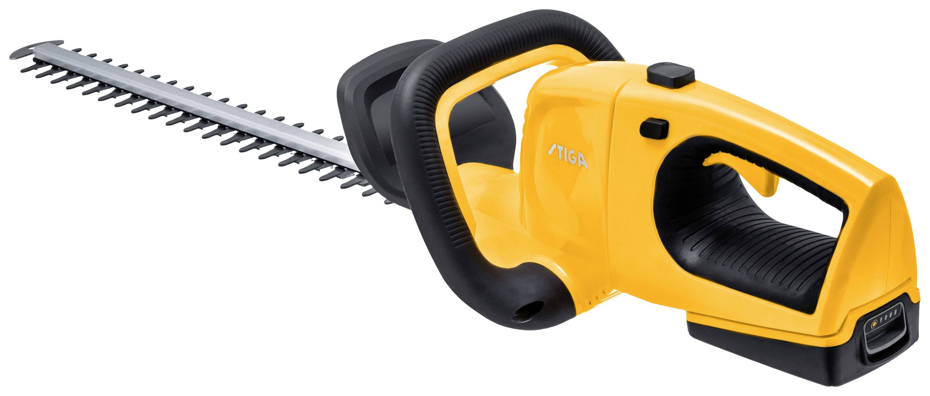 Taille-haie électrique jaune avec une poignée noire et une lame allongée, adapté pour tailler les arbustes et les haies.