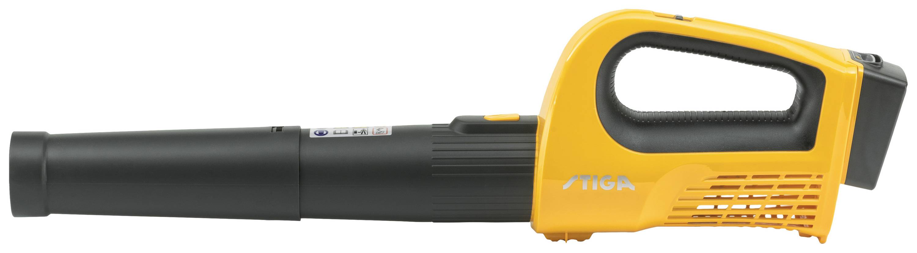 Souffleur de feuilles à batterie en noir et jaune. Poignée avec unité de batterie, long tube de soufflage pour un nettoyage efficace des feuilles dans le jardin.