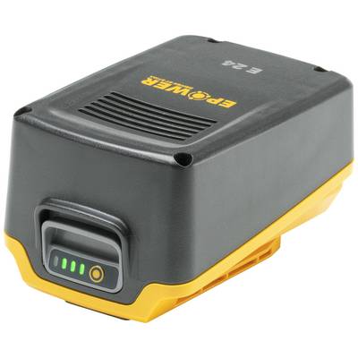 Un pack batterie noir et jaune avec un indicateur de charge montrant trois lumières vertes.