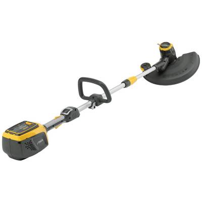 Coupe-herbe sans fil avec poignée ergonomique, design jaune et noir et protection, adapté pour une coupe précise de l'herbe.
