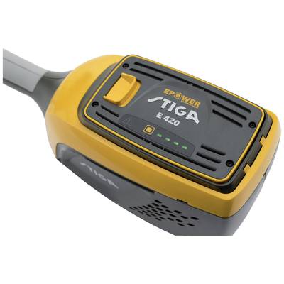 Batterie de tondeuse. Étiquette 'STIGA E 420'. Affiche l'état de charge avec des LED vertes.