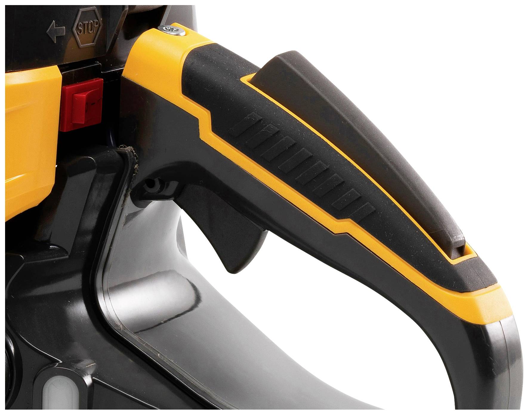 Gros plan sur une poignée noire et jaune avec un levier sur une machine.