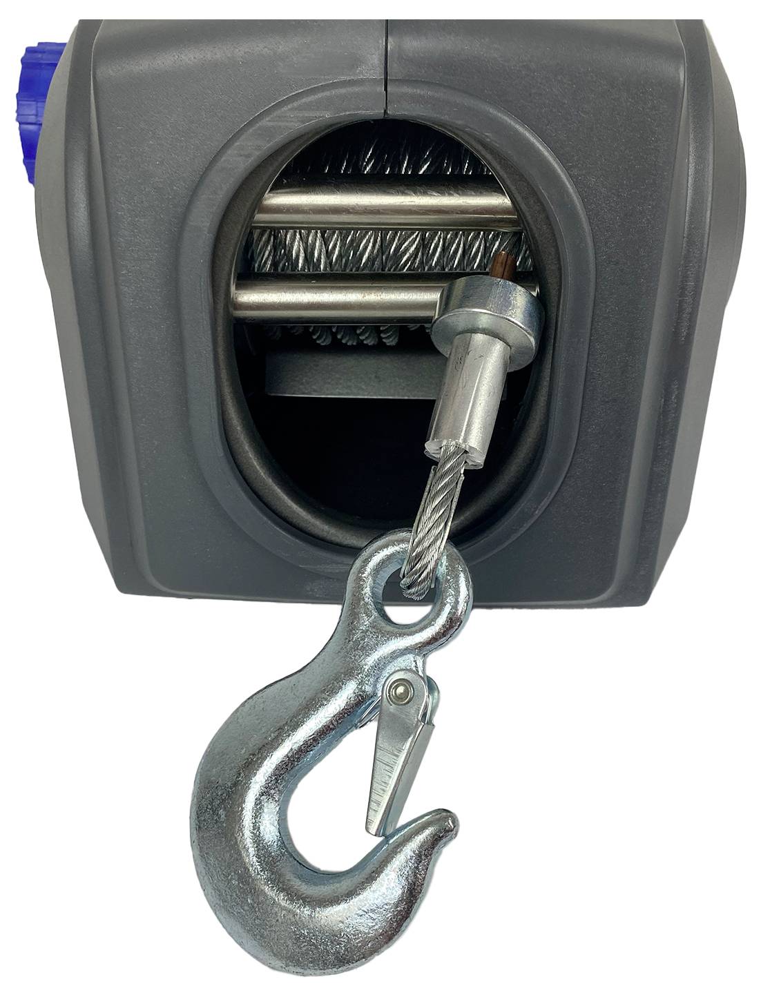 Treuil électrique avec crochet métallique robuste, adapté pour tirer des charges lourdes. Le crochet est fixé à un câble en acier solide.