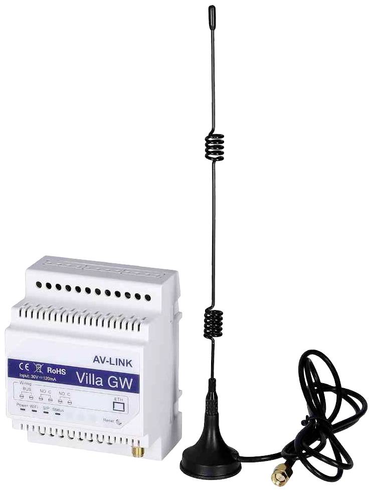 Un module de télécommande avec antenne, portant l'inscription 'AV-LINK Villa GW', placé sur une surface de fond blanche.