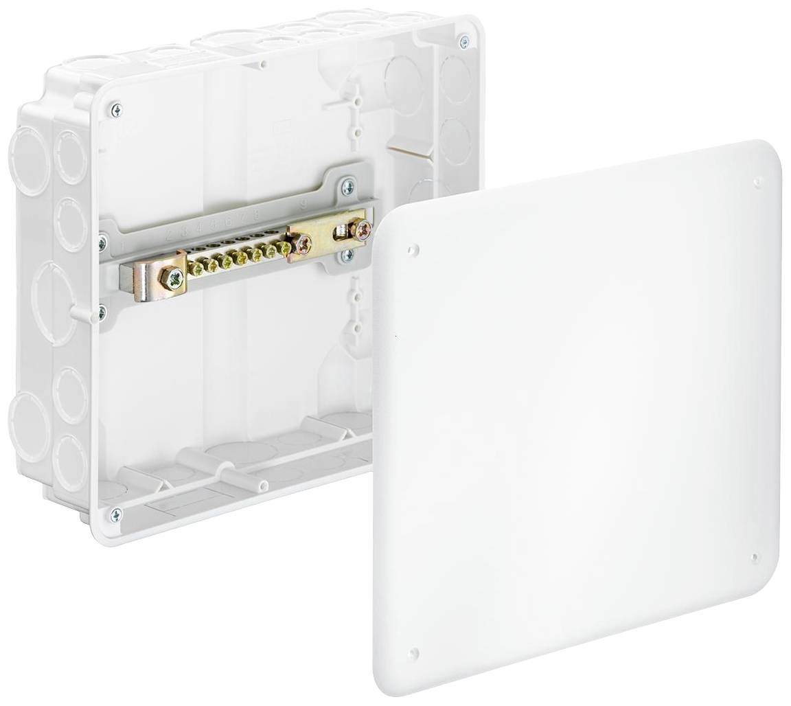 Boîte de distribution électrique avec couvercle ouvert, montrant une vue intérieure avec un rail de mise à la terre pour les connexions de câbles, sur un fond blanc.