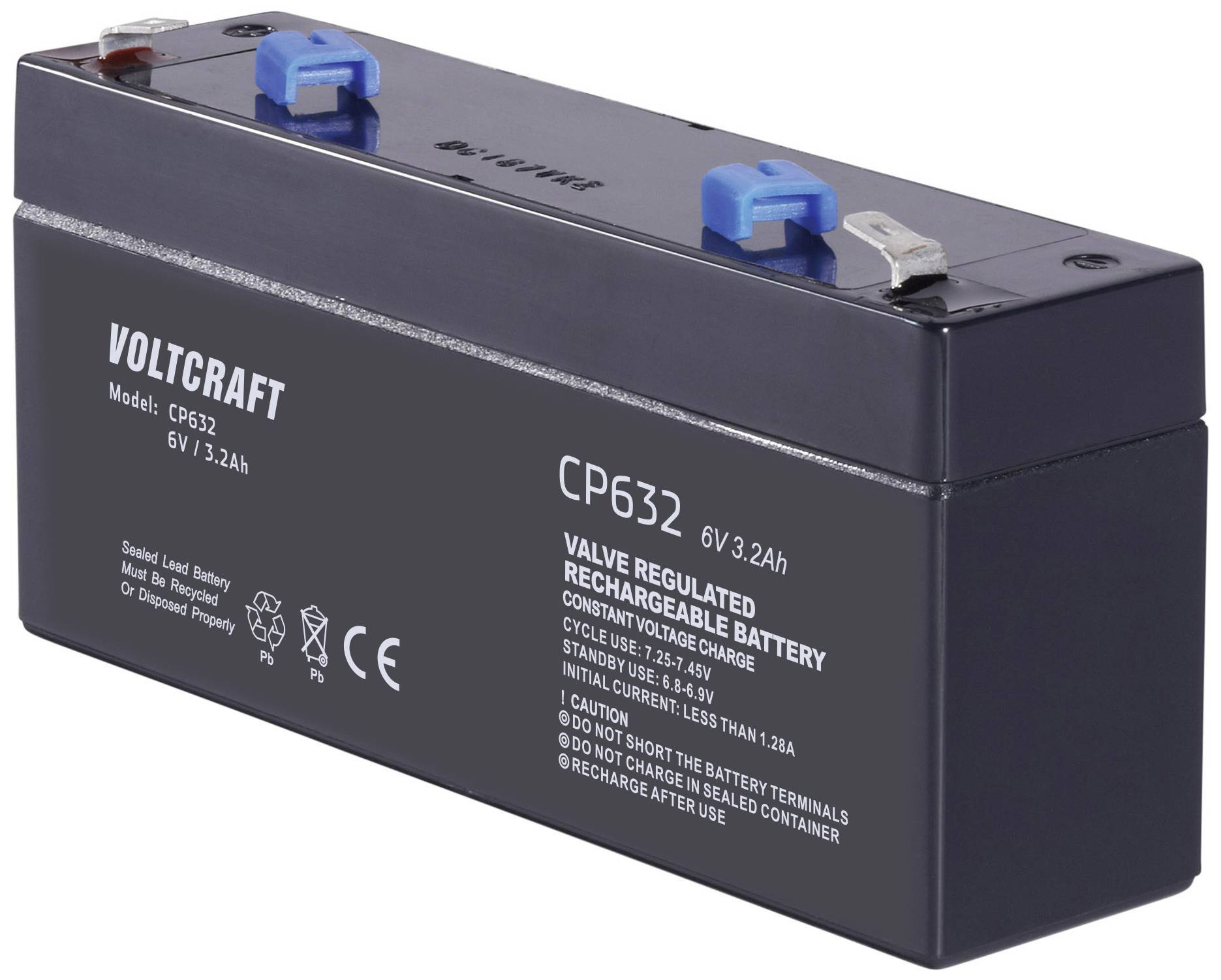 Batterie rechargeable VOLTCRAFT de 6V, capacité de 3,2 Ah, modèle CP632. Conçue pour des applications de sécurité et de performance.