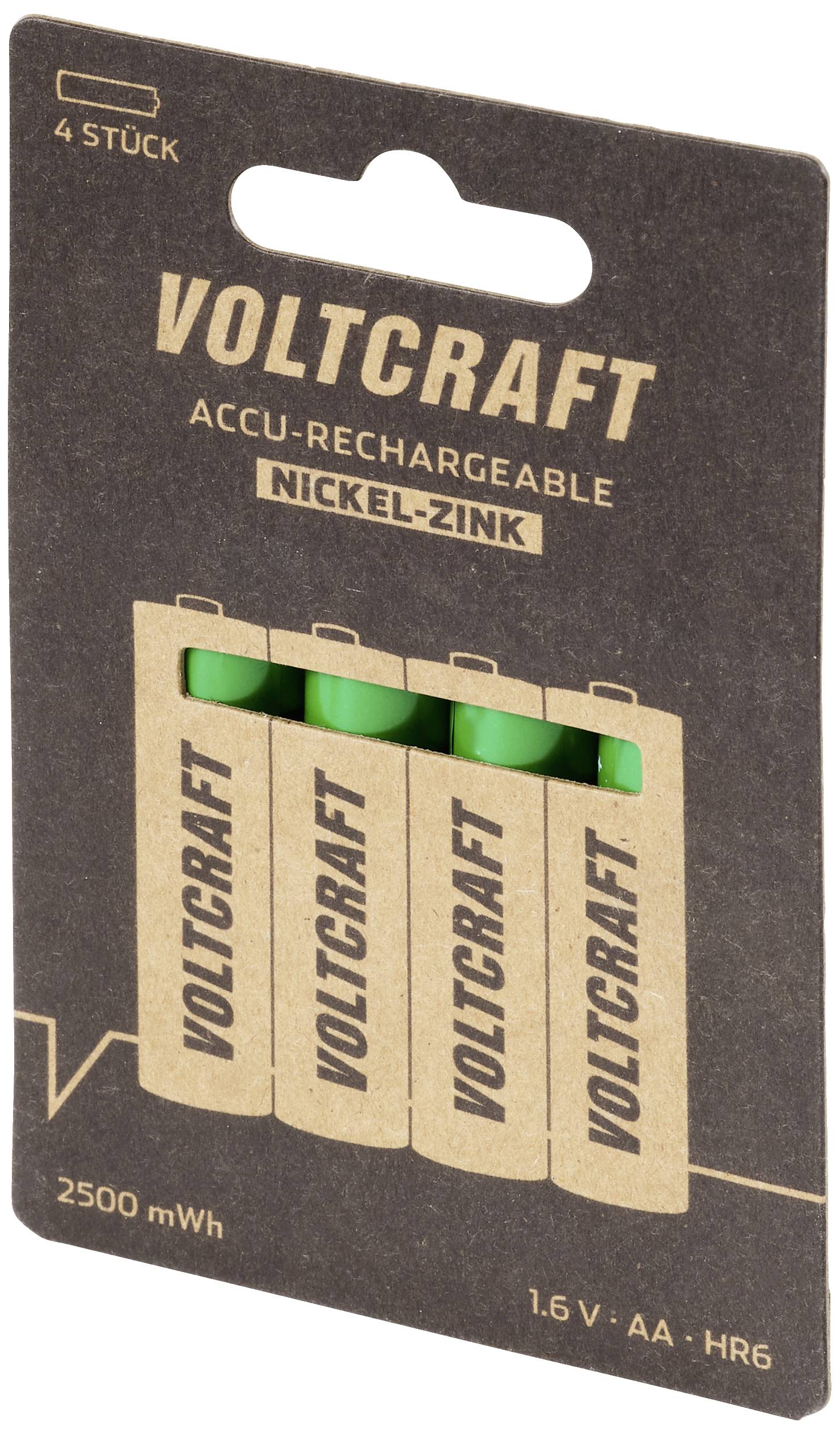 Piles rechargeables Nickel-Zinc 'Voltcraft' (lot de 4), 2500 mWh, 1,6V AA HR6, en emballage.