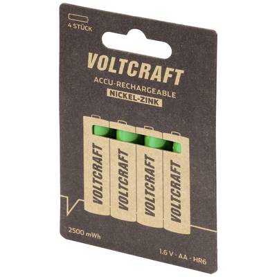 Piles rechargeables Nickel-Zinc 'Voltcraft' (lot de 4), 2500 mWh, 1,6V AA HR6, en emballage.
