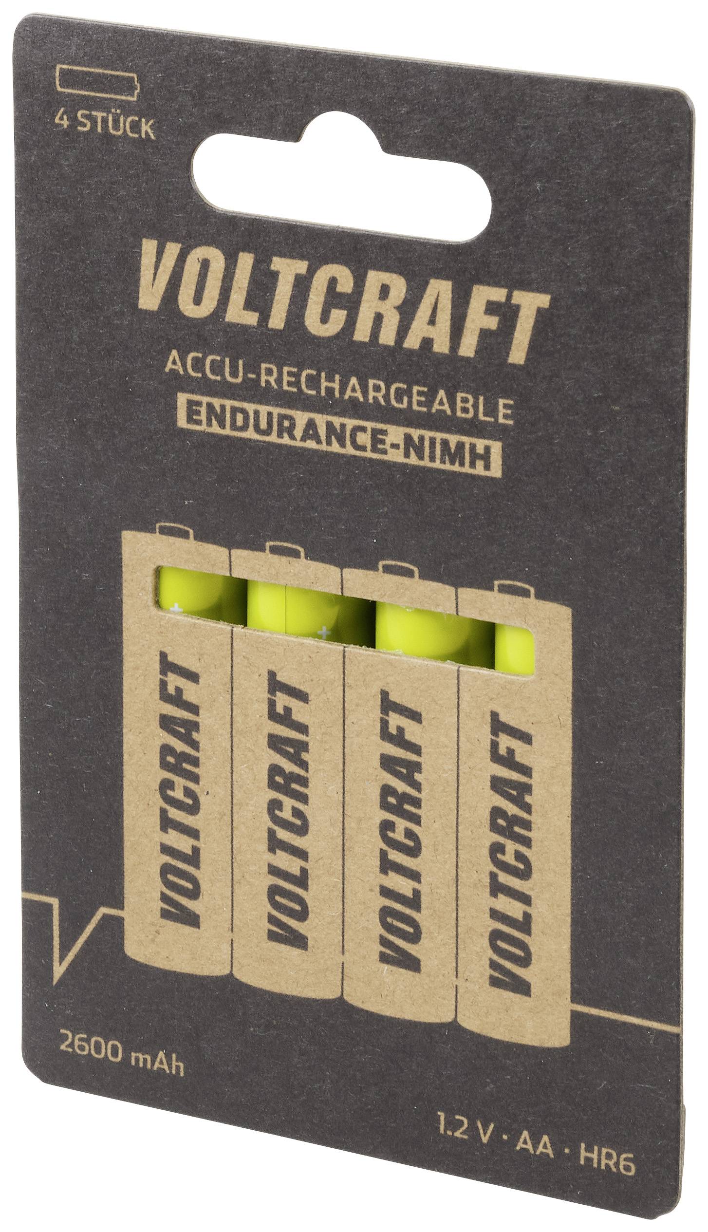 Pack de quatre piles rechargeables AA 'Voltcraft Endurance-NiMH', 2600 mAh, 1,2 V, adaptées aux appareils à forte consommation énergétique.