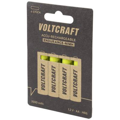 Pack de quatre piles rechargeables AA 'Voltcraft Endurance-NiMH', 2600 mAh, 1,2 V, adaptées aux appareils à forte consommation énergétique.