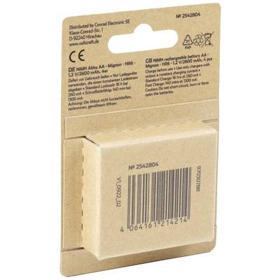 Dos d'un emballage de piles rechargeables AA de Conrad Electronic avec informations sur le produit, code-barres et adresse.