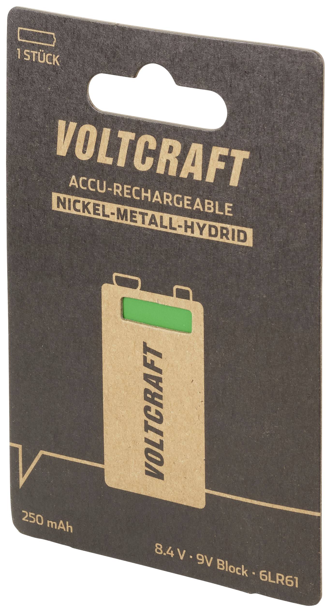 Emballage d'une batterie rechargeable Nickel-Métal Hydrure (NiMH) de 8,4V et 250 mAh. Marque 'Voltcraft', 1 pièce par emballage.