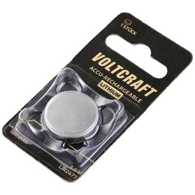 LIR2477 Pile bouton lithium-ion dans un boîtier noir de Voltcraft, 3,6V, 180 mAh, rechargeable.