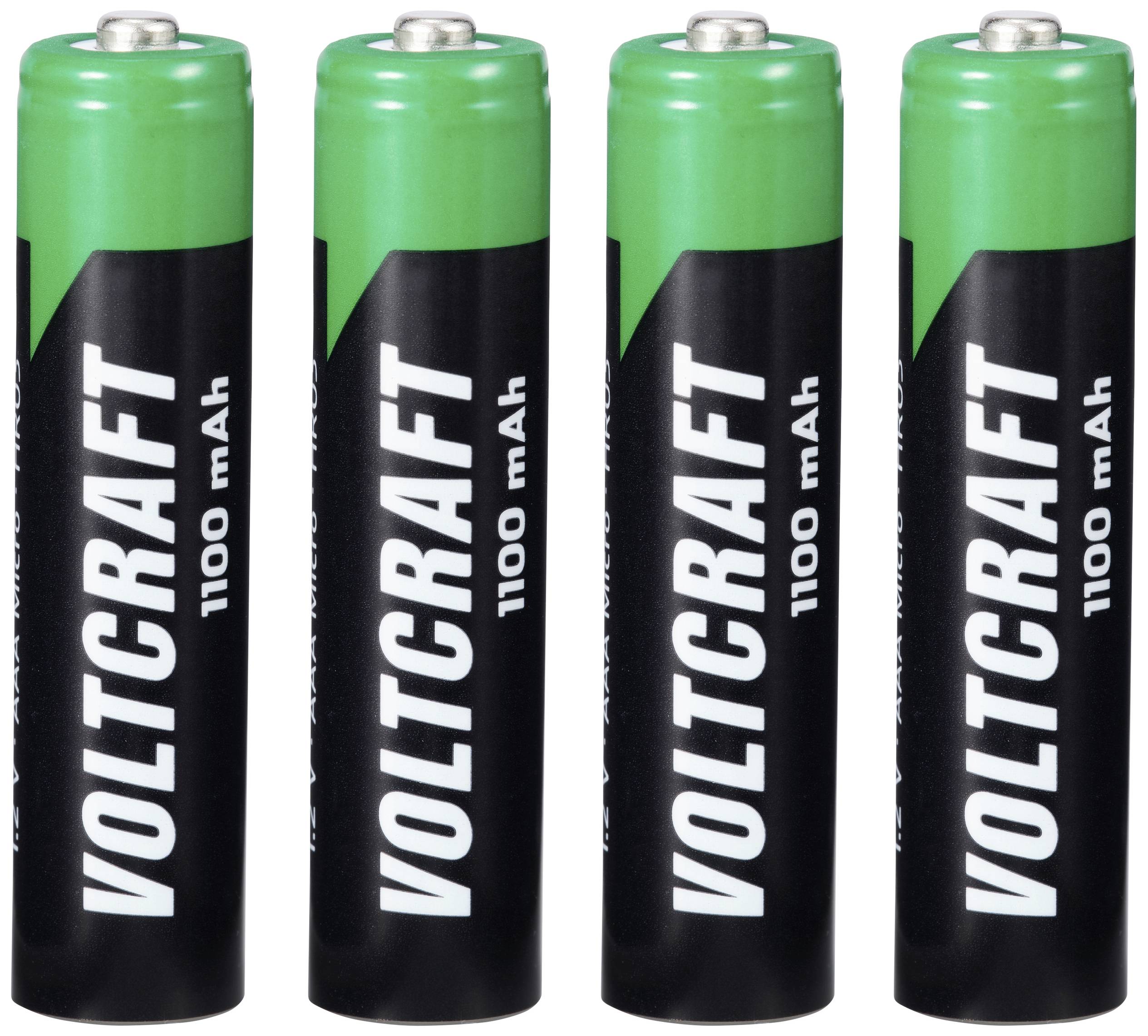 Quatre piles rechargeables Voltcraft AA de 1100 mAh, alignées côte à côte.