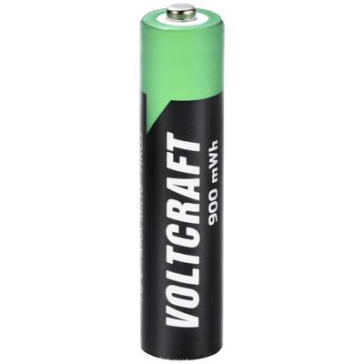 Une pile AA noire avec une extrémité verte et l'inscription blanche 'VOLTCRAFT 900 mWh'.