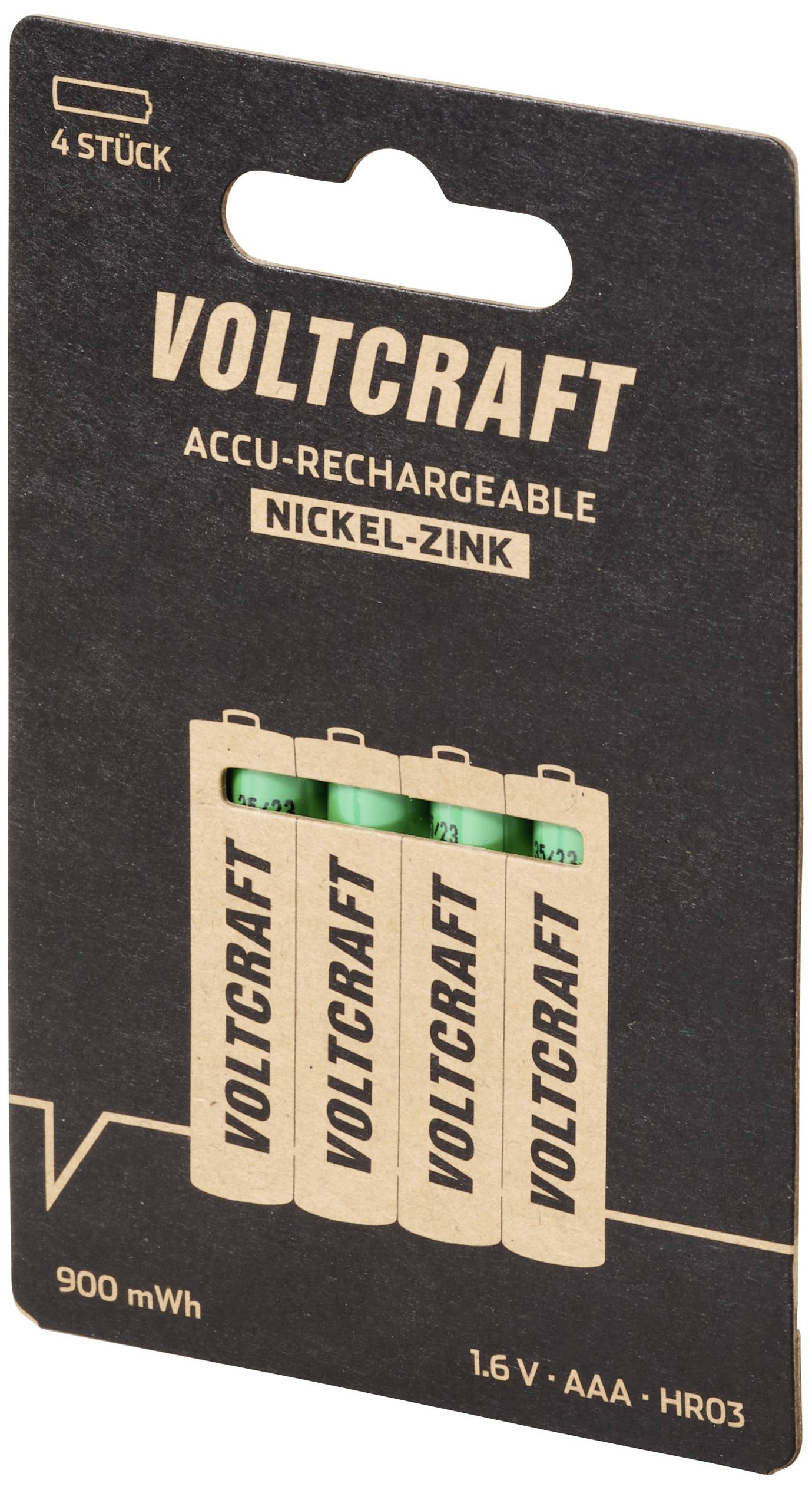 Emballage de quatre piles rechargeables Voltcraft Nickel-Zinc AAA, 1,6 V, 900 mWh.