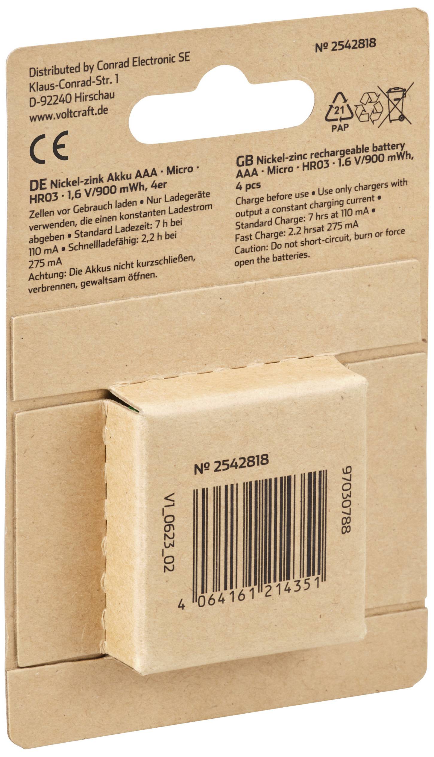 Voici l'arrière d'un emballage de pile rechargeable AAA Nickel-Zinc, comportant des détails sur la tension, la capacité et les informations de distribution, ainsi qu'un code-barres.
