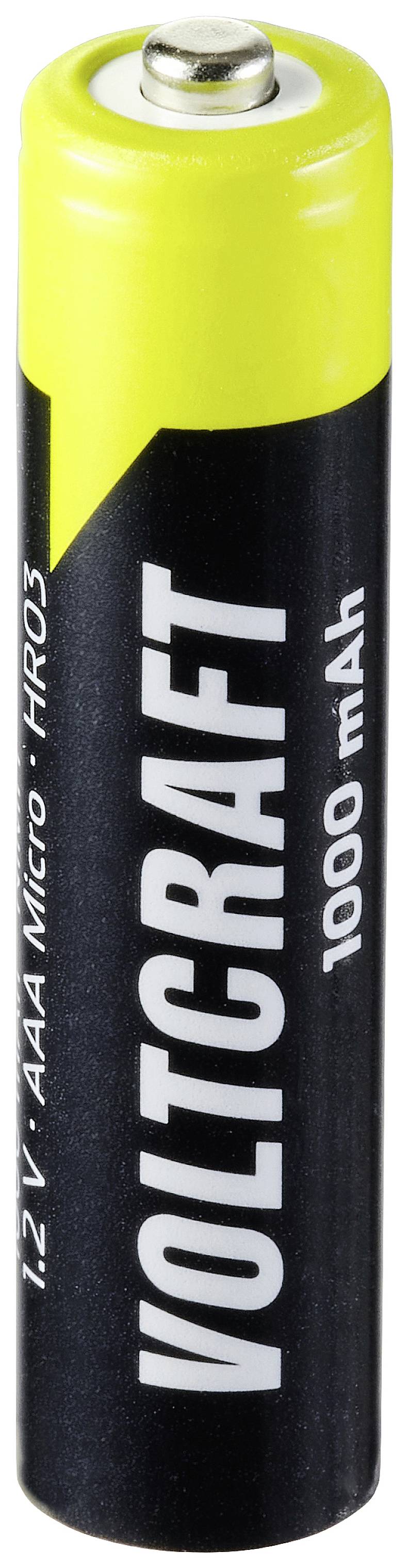 Une pile AAA portant l'inscription 'Voltcraft' et '1000 mAh', au design jaune et noir. Adaptée aux appareils électriques.