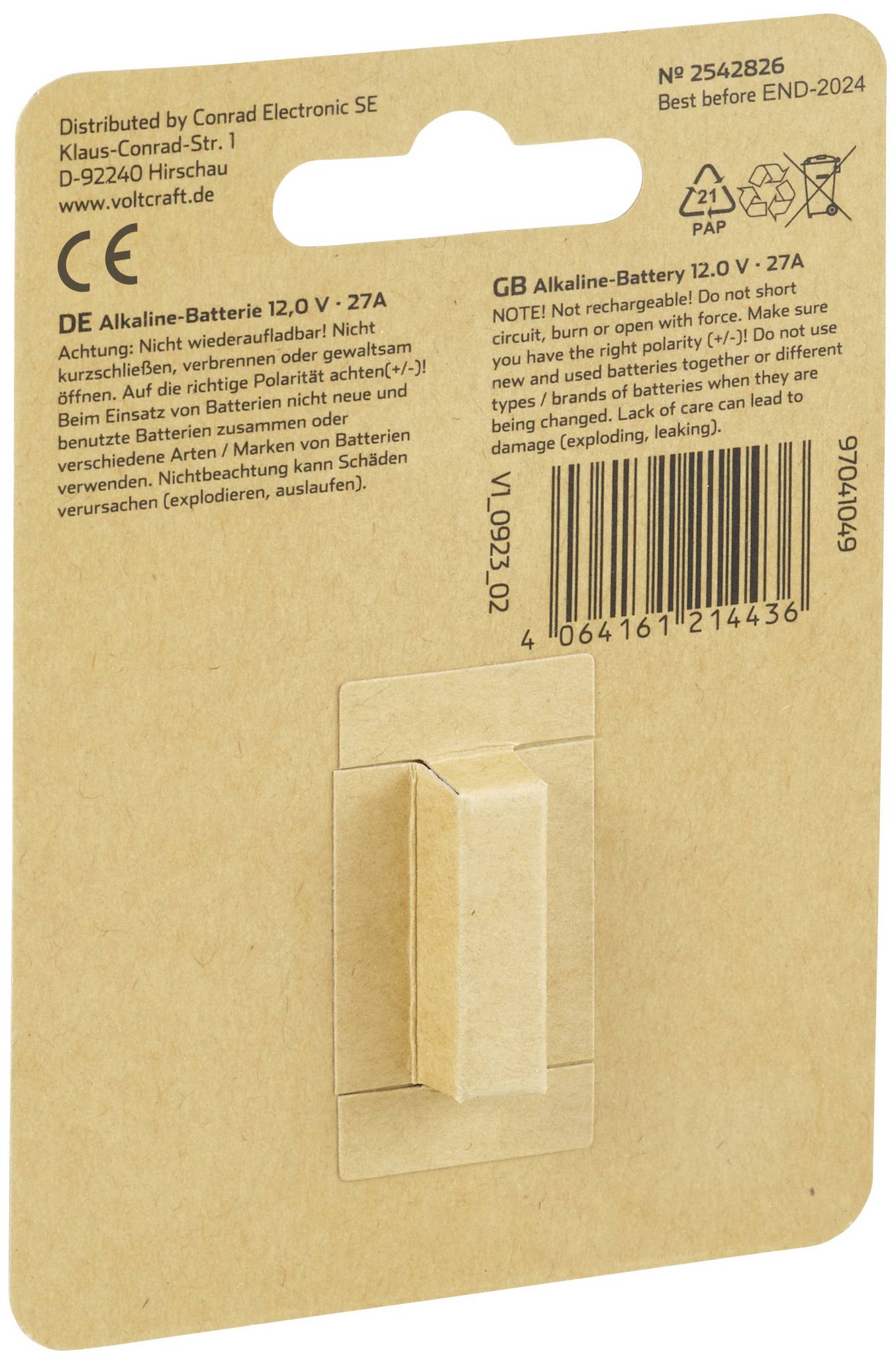 Dos d'un emballage de pile alcaline 12V. Contient des informations sur le fabricant, des avertissements et des codes-barres.
