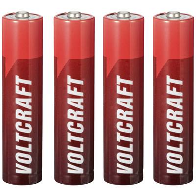 Quatre piles AA rouges de la marque Voltcraft sont alignées côte à côte.