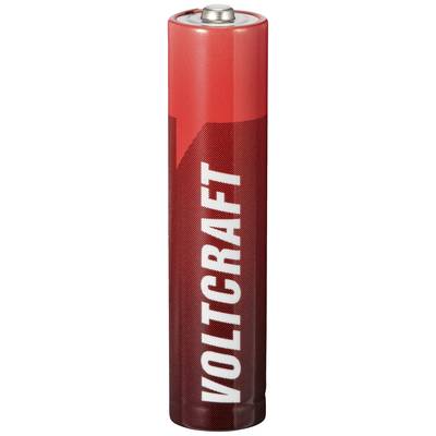 Pile AA rouge portant l'inscription 'VOLTCRAFT', debout avec le dessus visible.