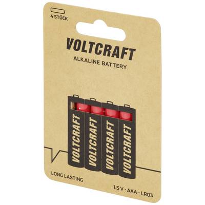 Pack de quatre piles alcalines AAA de Voltcraft, 1,5 V, avec l'inscription 'LONG LASTING' sur l'emballage.