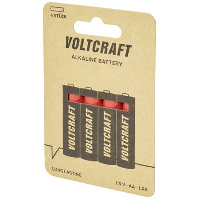 Pack de quatre piles alcalines Voltcraft, type AA, 1,5 V. Emballage en carton avec fenêtre transparente, piles longue durée.