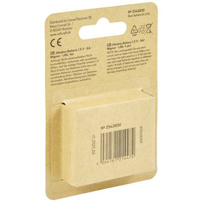 Emballage de 4 piles alcalines 1,5 V, type AA. Contient des instructions de sécurité et d'élimination dans plusieurs langues.