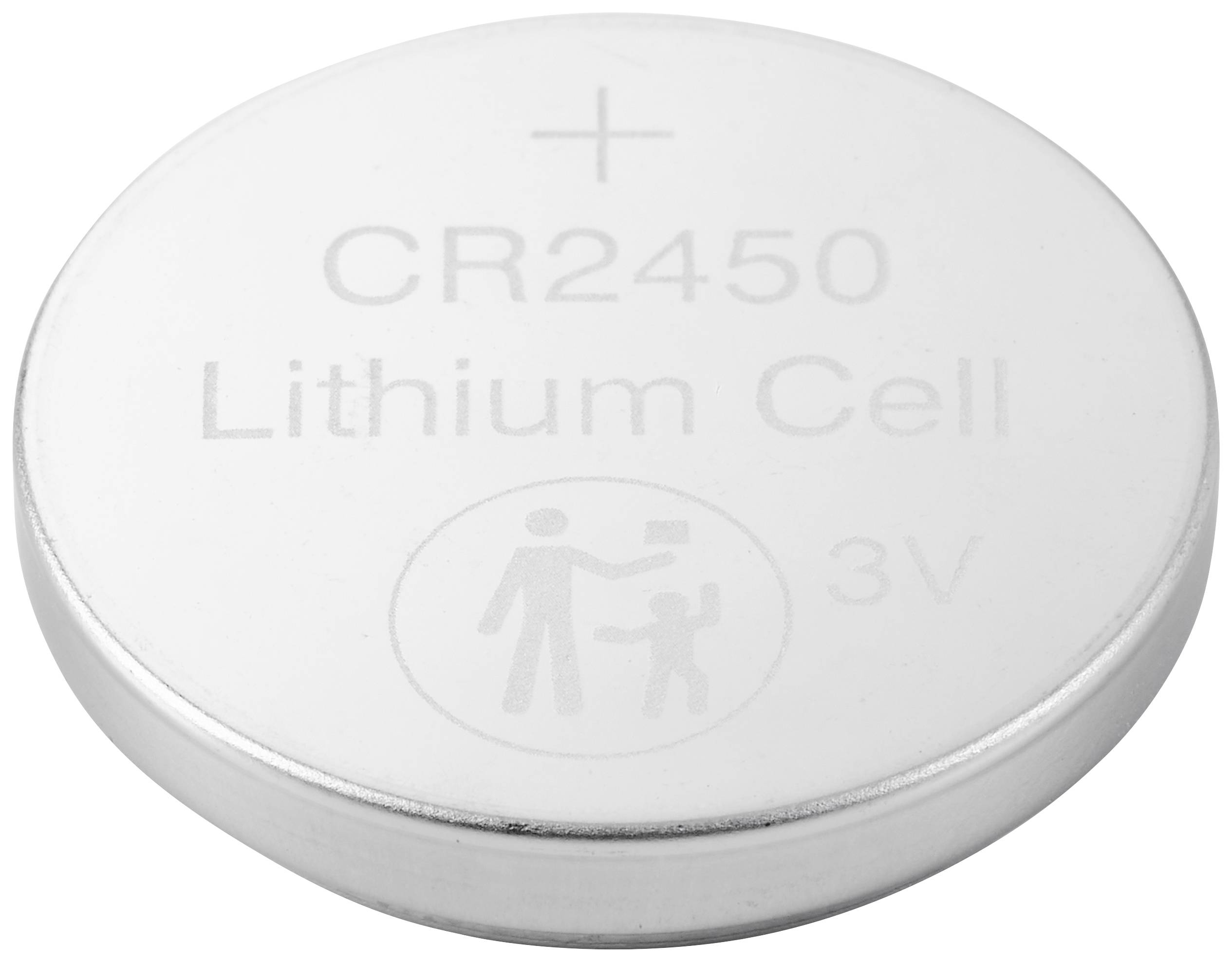 Pile bouton avec inscription : « Pile lithium CR2450 3V ». Pictogramme avertissant du danger d'ingestion.