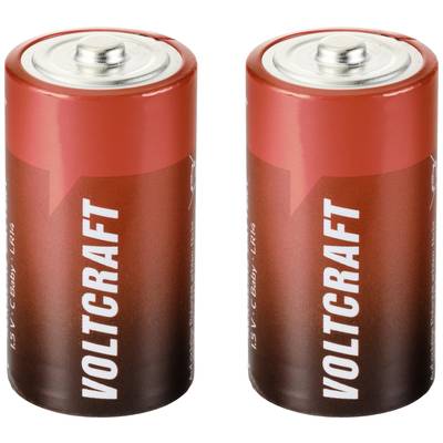 Deux piles rouges de marque Voltcraft, type C Baby LR14, placées côte à côte, avec des capuchons métalliques sur le dessus.
