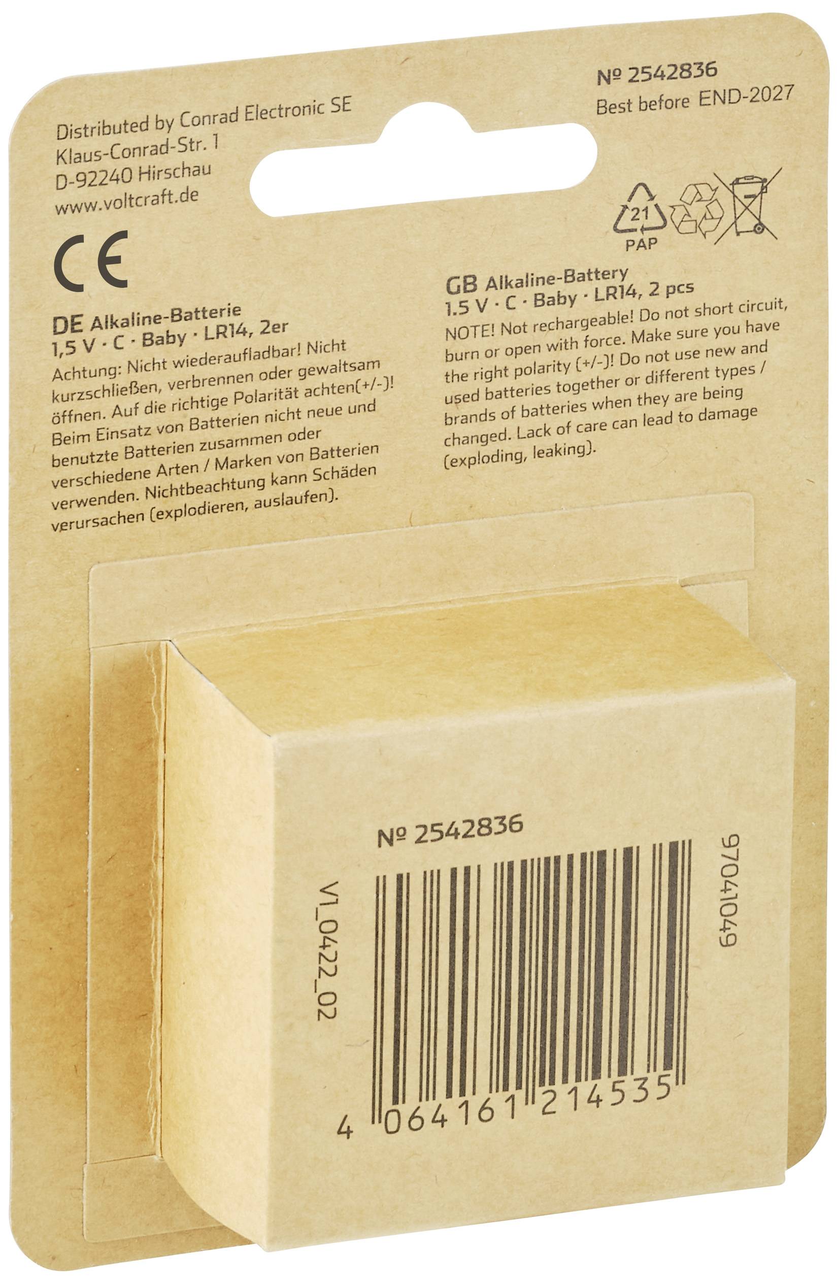 Emballage d'une pile alcaline avec spécifications : 1,5V C-Baby LR14 pack de 2. En haut à gauche : « Distribué par Conrad Electronic SE ». En haut à droite : « À utiliser de préférence avant FIN 2027 ».