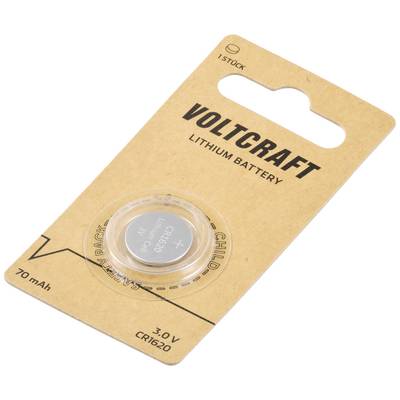 Une pile au lithium en blister portant l'inscription « VOLTCRAFT CR1620 3,0V ». L'emballage indique une capacité de 70 mAh et « 1 pièce ».