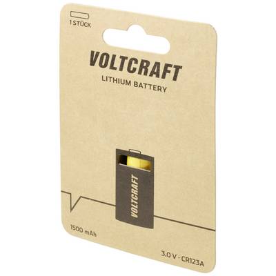 Emballage d'une batterie au lithium Voltcraft, modèle CR123A, 1500 mAh, 3,0 V. Contient une batterie par paquet.