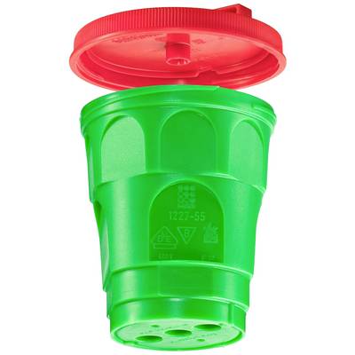 Couvercle en plastique vert avec bouchon à vis rouge, posé verticalement. Symbole de protection du travail et numéro de normalisation visibles.