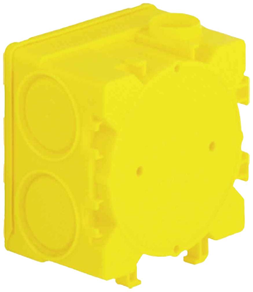 Boîtier en plastique jaune, carré, avec des découpes rondes sur le côté, probablement destiné à des installations électriques.