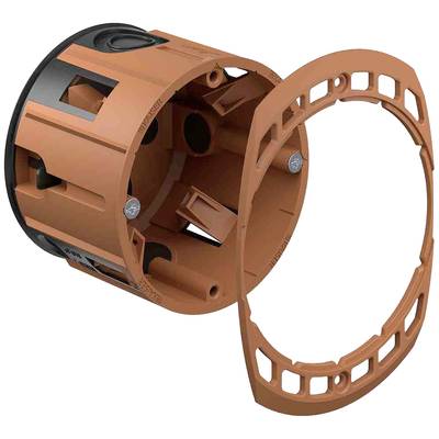 Boîte de dérivation ronde orange à paroi creuse, avec un dos noir et une bague amovible, utilisée pour l'installation d'interrupteurs ou de prises électriques.