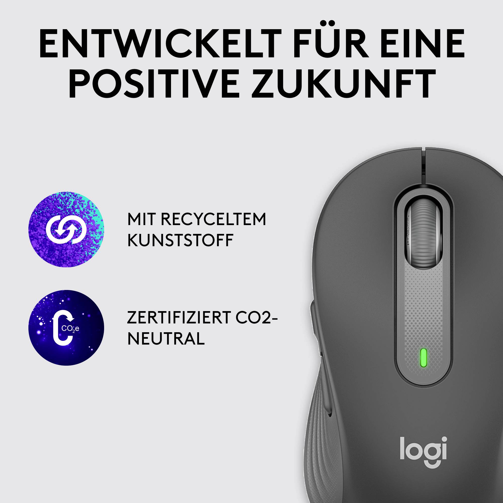 Une souris grise avec le logo Logitech, entourée de deux symboles : 'Fabriqué avec du plastique recyclé' et 'Certifié neutre en carbone'.