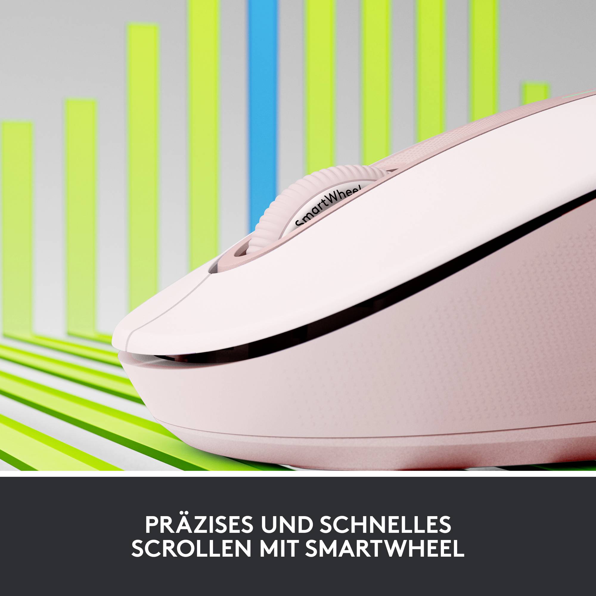Une souris d'ordinateur devant des barres colorées ascendantes. Texte : 'Défilement précis et rapide avec SmartWheel'.