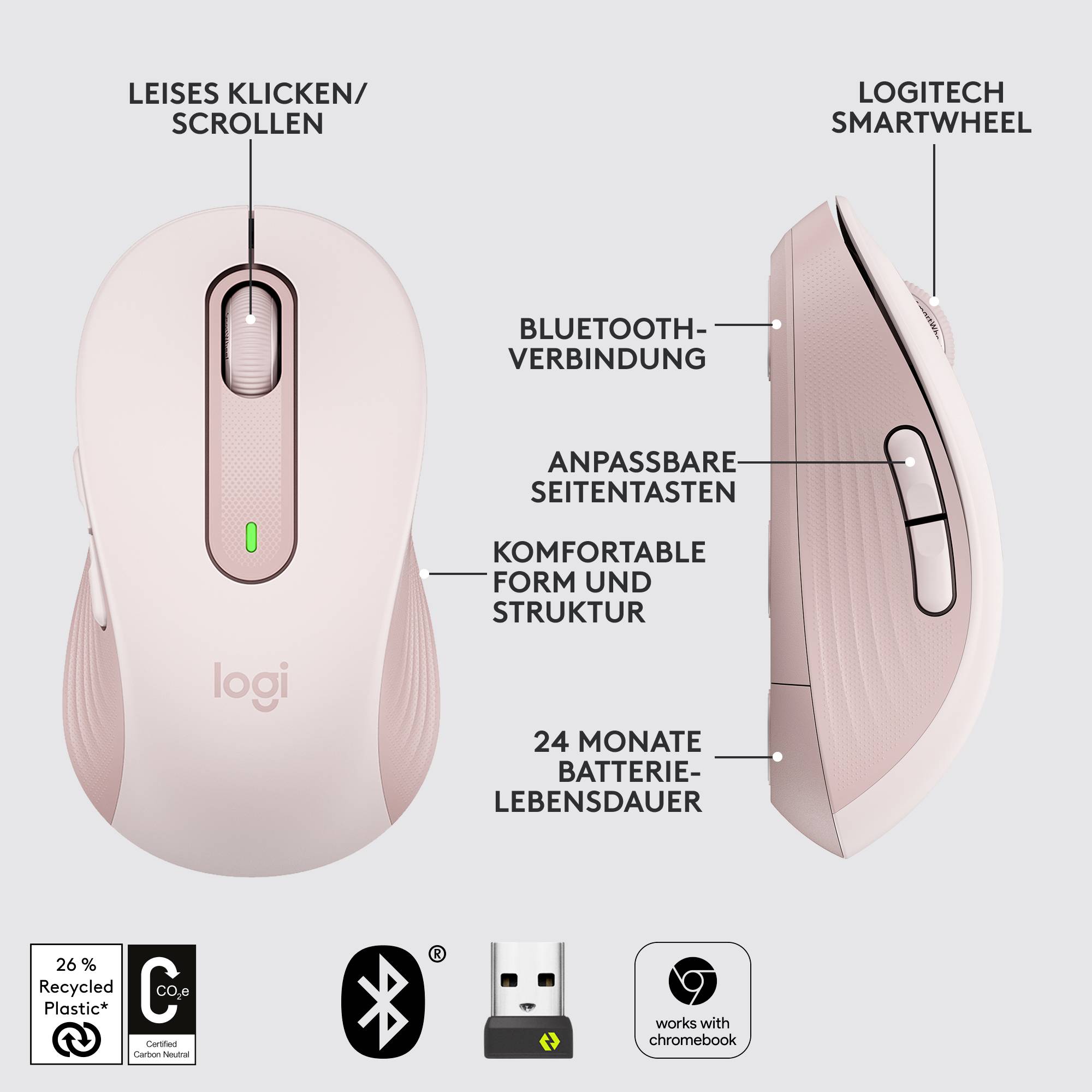 Souris Logitech sans fil rose avec Bluetooth, touche latérale personnalisable et molette intelligente. Autonomie de batterie de 24 mois. Compatible avec Windows et ChromeOS.