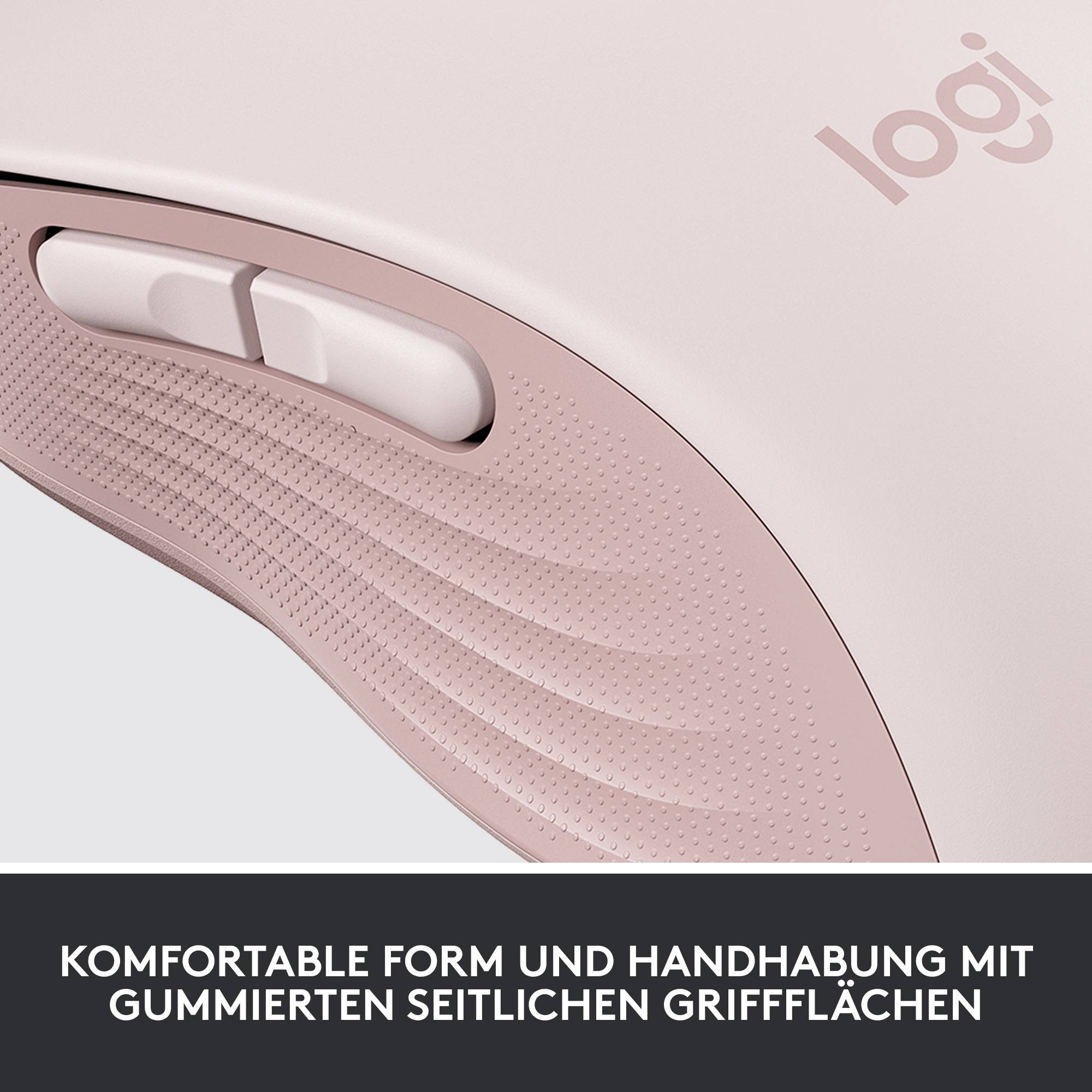 Souris d'ordinateur rose avec une forme ergonomique, des poignées latérales en caoutchouc et deux boutons visibles. Le logo 'logi' apparaît en arrière-plan.