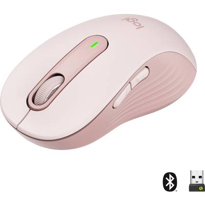 Souris d'ordinateur sans fil rose avec molette de défilement et boutons latéraux. Symbole de connexion Bluetooth et de récepteur USB représenté.