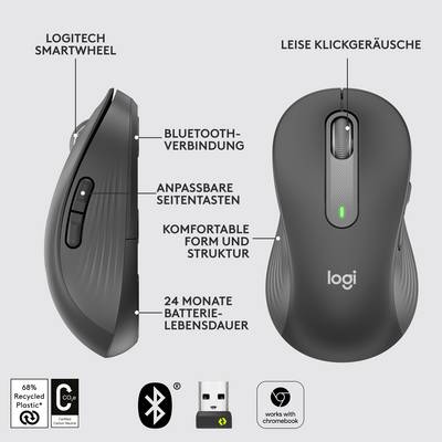 Souris Logitech noire avec roue intelligente, clics silencieux, touches latérales personnalisables et Bluetooth. Durée de batterie de 24 mois.